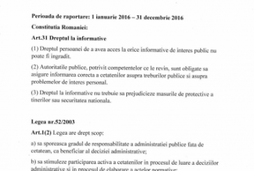 Raport anual cu privire la aplicarea Legii 52 din 2003 privind transparenta decizionala  in administratia publica in anul 2016